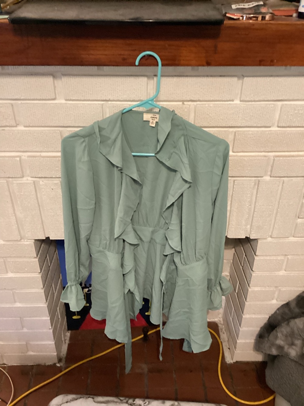 entro Sage Green Ruffle Open Front Blouse